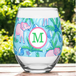 Preppy Monogram Roze Olifant Palmboom  Wijnglas Zonder Voet