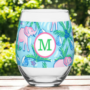 Preppy Monogram Roze Olifant Palmboom Wijnglas Zonder Voet