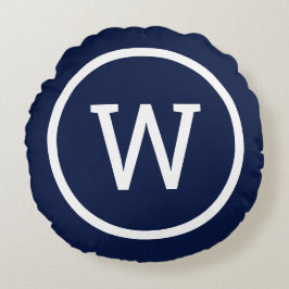 Preppy Monogram Stijlvol Modern Donkerblauw Rond Kussen