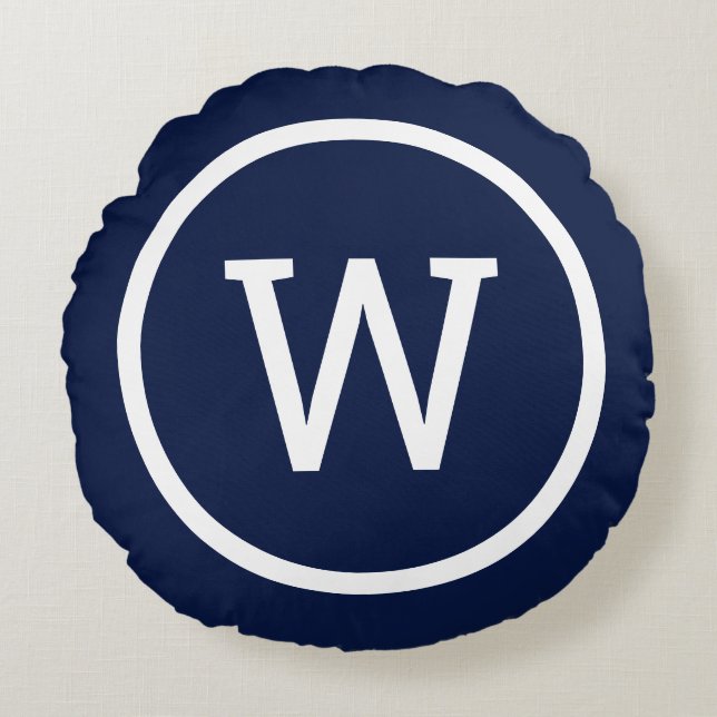 Preppy Monogram Stijlvol Modern Donkerblauw Rond Kussen (Voorkant)