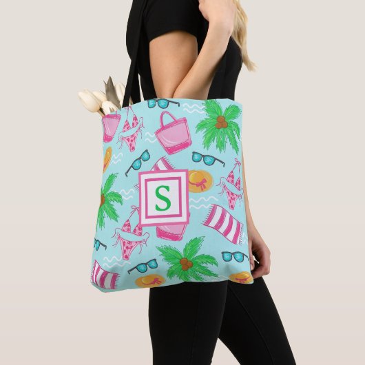 Preppy Monogram strand bikinihanddoek palmboom han Tote Bag (Dichtbij)
