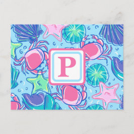 Preppy Monogram Strand Schelp Krab Briefkaart