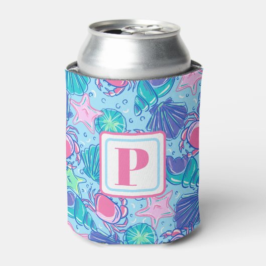 Preppy Monogram Strand Schelp Krab Kust Blikjeskoeler (Blikje Voorkant)