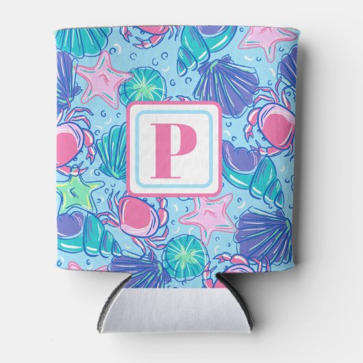 Preppy Monogram Strand Schelp Krab Kust Blikjeskoeler (Voorkant)