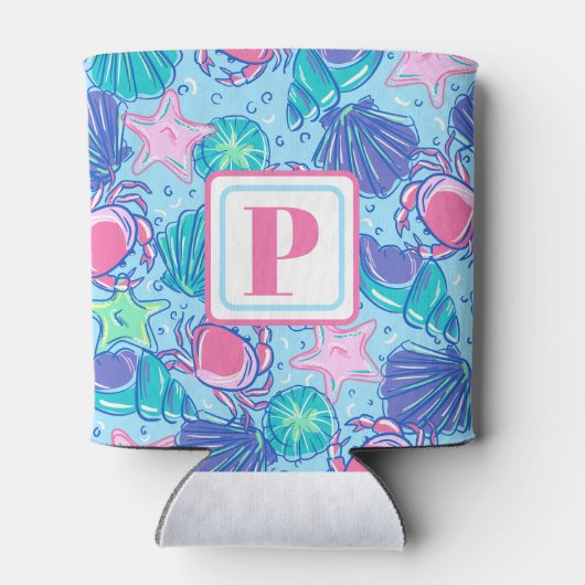 Preppy Monogram Strand Schelp Krab Kust Blikjeskoeler (Achterkant)