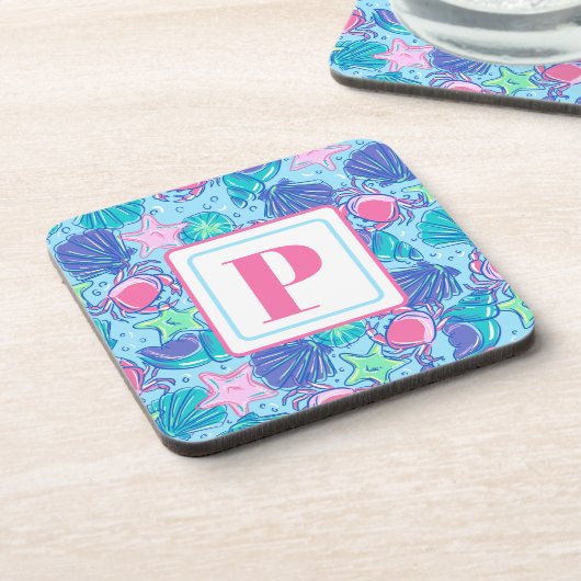 Preppy Monogram Strand Shell Krab Bier Onderzetter (Linkerzijde)