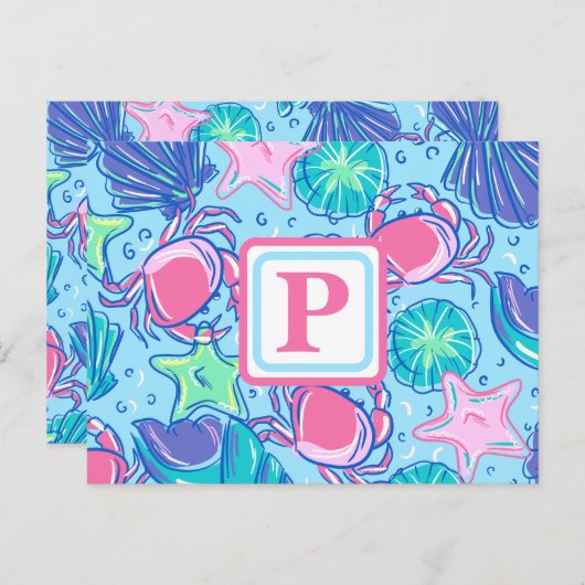 Preppy Monogram Strand Shell Krab Briefkaart (Voorkant / Achterkant)