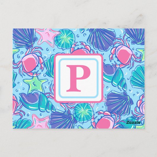 Preppy Monogram Strand Shell Krab Briefkaart (Achterkant)