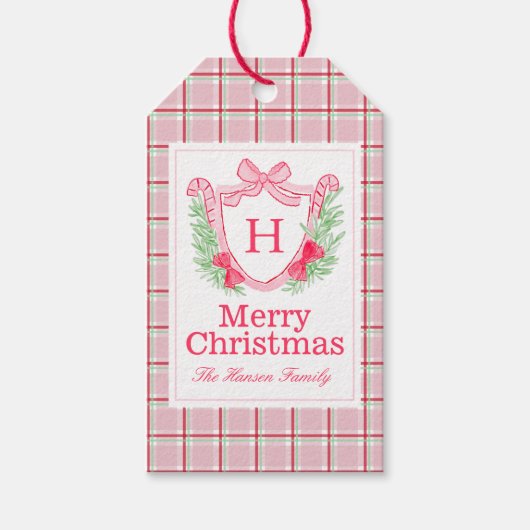 Preppy Monogram Waterverf Kerstkrans Holly Cadeaulabel (Voorkant)