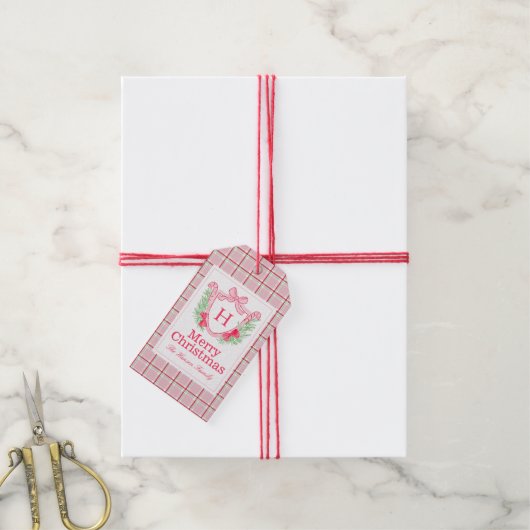 Preppy Monogram Waterverf Kerstkrans Holly Cadeaulabel (Met Touw)