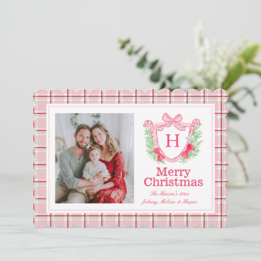 Preppy Monogram Waterverf Kerstkrans Holly Feestdagenkaart (Staand voorkant)