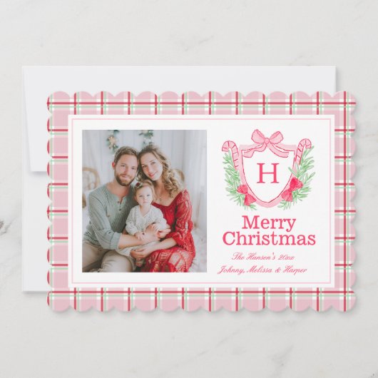 Preppy Monogram Waterverf Kerstkrans Holly Feestdagenkaart (Voorkant)