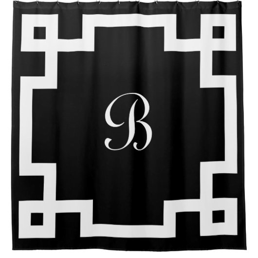 Preppy Monogram White Greek Key Border Black Douchegordijn (Voorkant)
