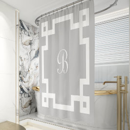 Preppy Monogram Wit Griekse Sleutelrand Grijs Douchegordijn