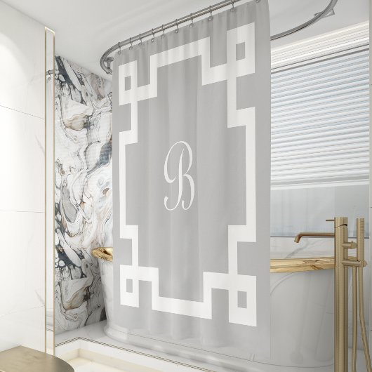 Preppy Monogram Wit Griekse Sleutelrand Grijs Douchegordijn