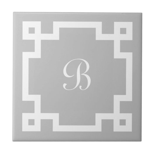 Preppy Monogram Wit Griekse Sleutelrand Grijs Tegeltje (Voorkant)