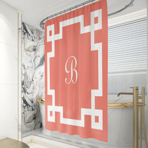 Preppy Monogram Wit Griekse Sleutelrand Koraal Roz Douchegordijn