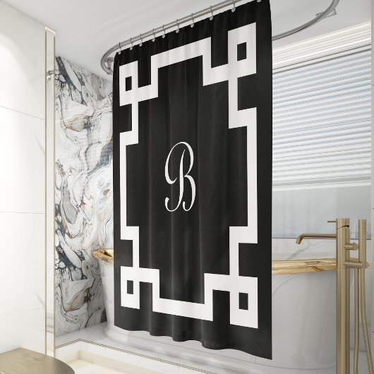 Preppy Monogram Witte Griekse Sleutelrand Zwart Douchegordijn