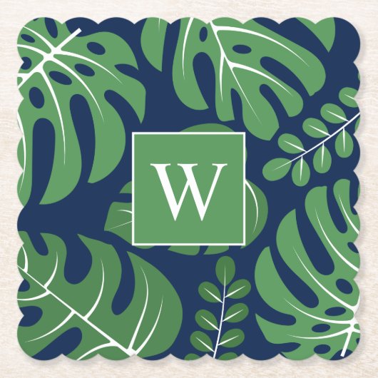 Preppy Monogrammed Monstera Palm Leaf Kartonnen Onderzetters (Voorkant)