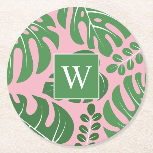 Preppy Monogrammed Monstera Palm Leaf Ronde Kartonnen Onderzetter (Voorkant)