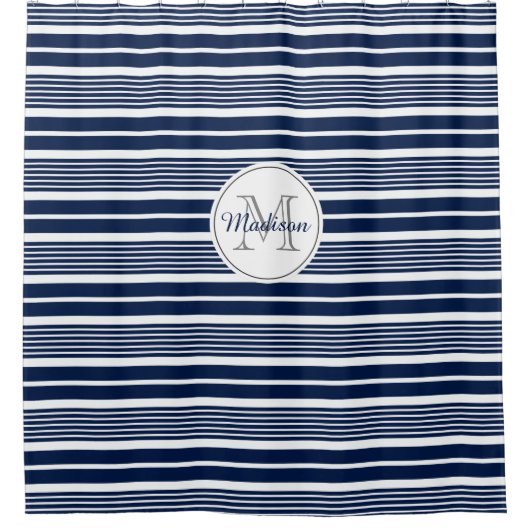 Preppy Monogrammed Navy Blue en White Striped Douchegordijn (Voorkant)