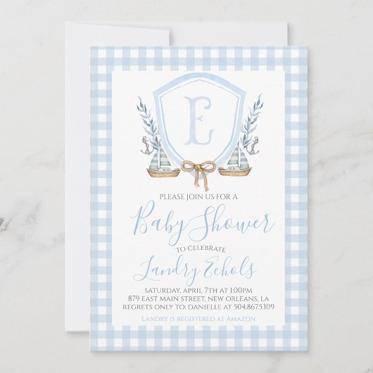 Preppy Nautical Blue Sailboat Boy Baby shower Kaart