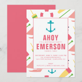 Preppy Nautical Children's Birthday Party Girl Kaart