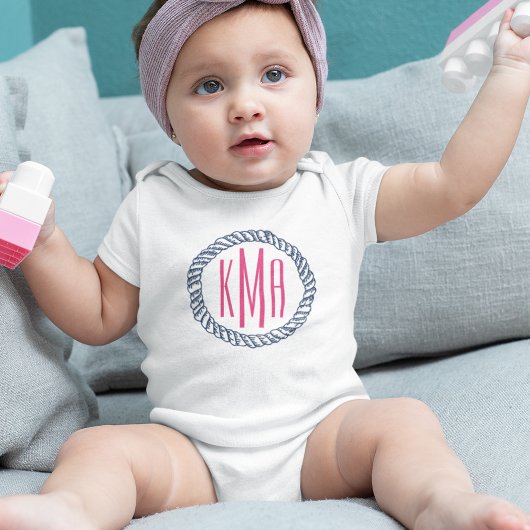 Preppy Nautical Navy & Pink Rope Monogram Baby Romper