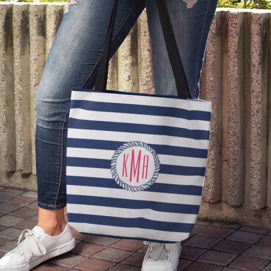 Preppy Nautical Navy Stripe and Pink Monogram Tote Bag
