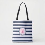 Preppy Nautical Navy Stripe and Pink Monogram Tote Bag (Voorkant)