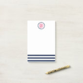 Preppy Nautical Navy Stripe & Roze Monogram Post-it® Notes (Op bureau)