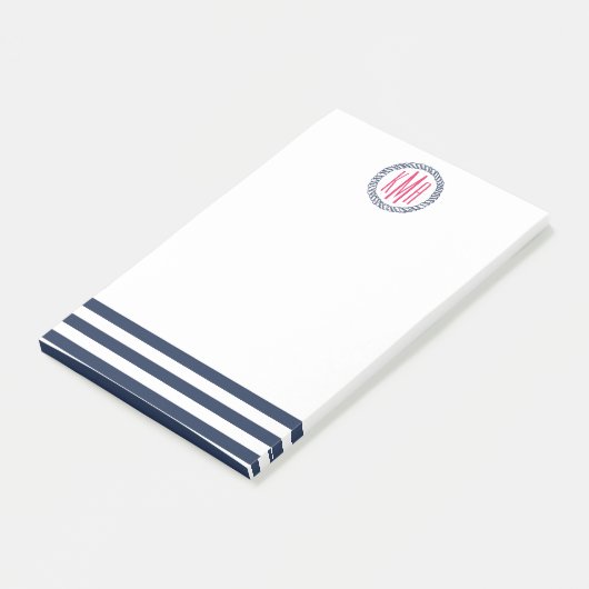 Preppy Nautical Navy Stripe & Roze Monogram Post-it® Notes (Schuin)