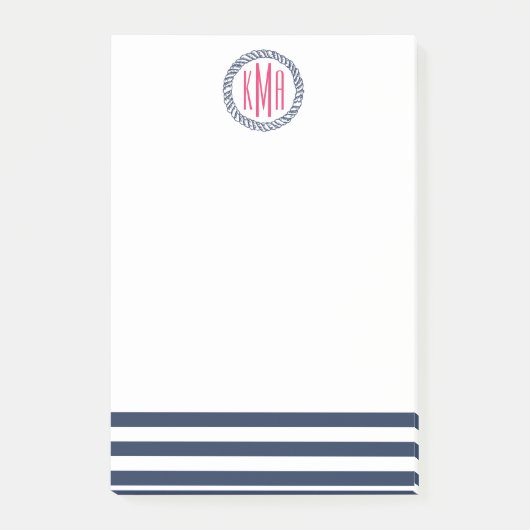 Preppy Nautical Navy Stripe & Roze Monogram Post-it® Notes (Voorkant)