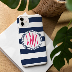 Preppy Nautical Navy & White Stripe Pink Monogram iPhone 16 Hoesje