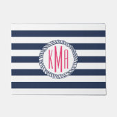 Preppy Nautical Navy & White Stripe Pink Monogram Deurmat (Voorkant)