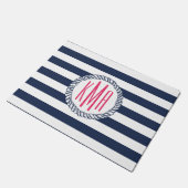 Preppy Nautical Navy & White Stripe Pink Monogram Deurmat (Schuin)
