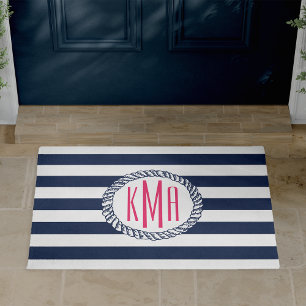 Preppy Nautical Navy & White Stripe Pink Monogram Deurmat