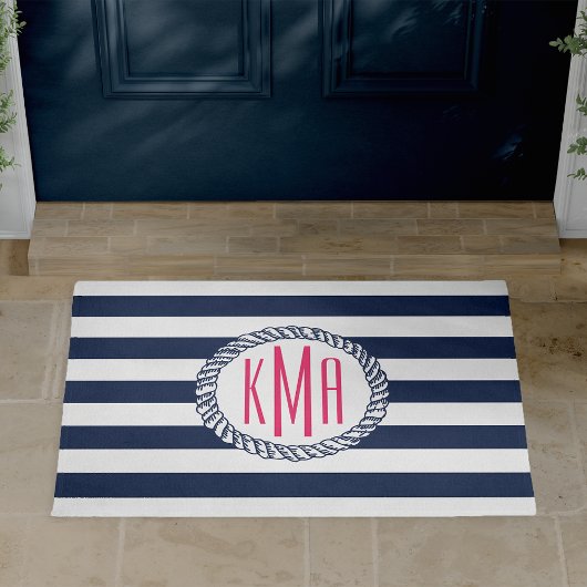 Preppy Nautical Navy & White Stripe Pink Monogram Deurmat