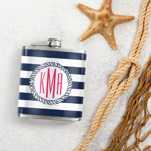 Preppy Nautical Navy & White Stripe Pink Monogram Heupfles