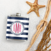 Preppy Nautical Navy & White Stripe Pink Monogram Heupfles