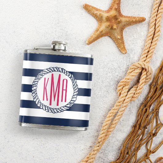 Preppy Nautical Navy & White Stripe Pink Monogram Heupfles