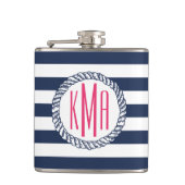 Preppy Nautical Navy & White Stripe Pink Monogram Heupfles (Voorkant)