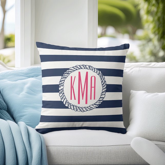 Preppy Nautical Navy & White Stripe Pink Monogram Kussen (Creator heeft geüpload)