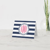 Preppy Nautical Navy & White Stripe Pink Monogram Notitiekaartje (Voorkant)