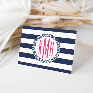 Preppy Nautical Navy & White Stripe Pink Monogram Notitiekaartje