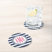 Preppy Nautical Navy & White Stripe Pink Monogram Ronde Kartonnen Onderzetter (Insitu)