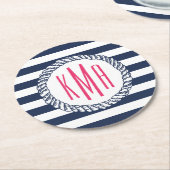 Preppy Nautical Navy & White Stripe Pink Monogram Ronde Kartonnen Onderzetter (Gebogen)