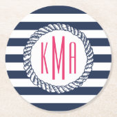 Preppy Nautical Navy & White Stripe Pink Monogram Ronde Kartonnen Onderzetter (Voorkant)