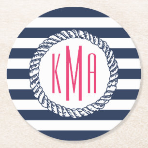 Preppy Nautical Navy & White Stripe Pink Monogram Ronde Kartonnen Onderzetter