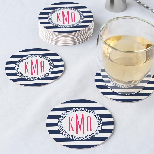 Preppy Nautical Navy & White Stripe Pink Monogram Ronde Kartonnen Onderzetter